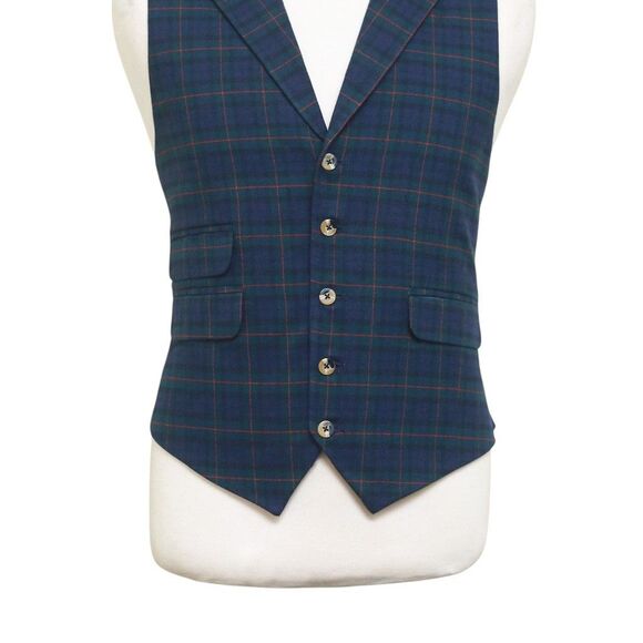 Mens Vest 44R Tartan Plaid Blue Green Red Wool Lapel Waistcoat Formal Wedding - Picture 5 of 9